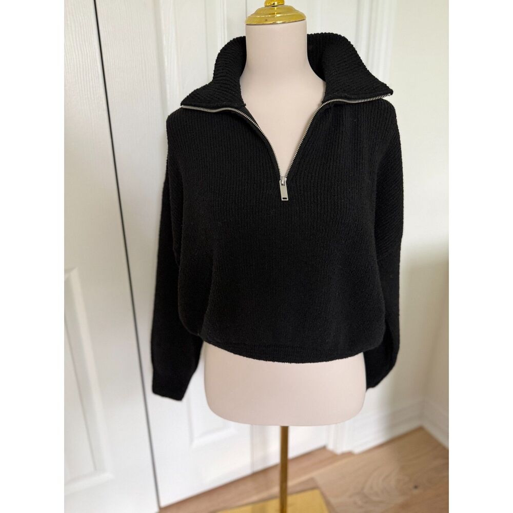 Zara Half-Zip Textured Knit Sweater Cropped Funnel Neck Black M 🖤